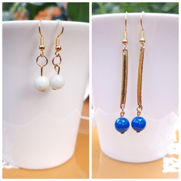 East Closet Jewelry - Blue Agate Dainty Bar Earrings & Amazonite Simple Stone Earrings Bundle